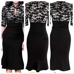 Elegant Vintage Mermaid Midi Dress, Black, Size 14